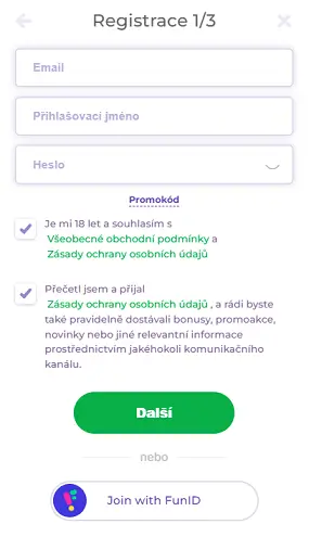 Registrační menu Alf Casino